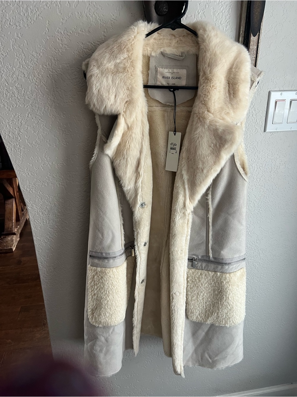 River Island Cream Faux Shearling Hooded Vest with Plush Trim